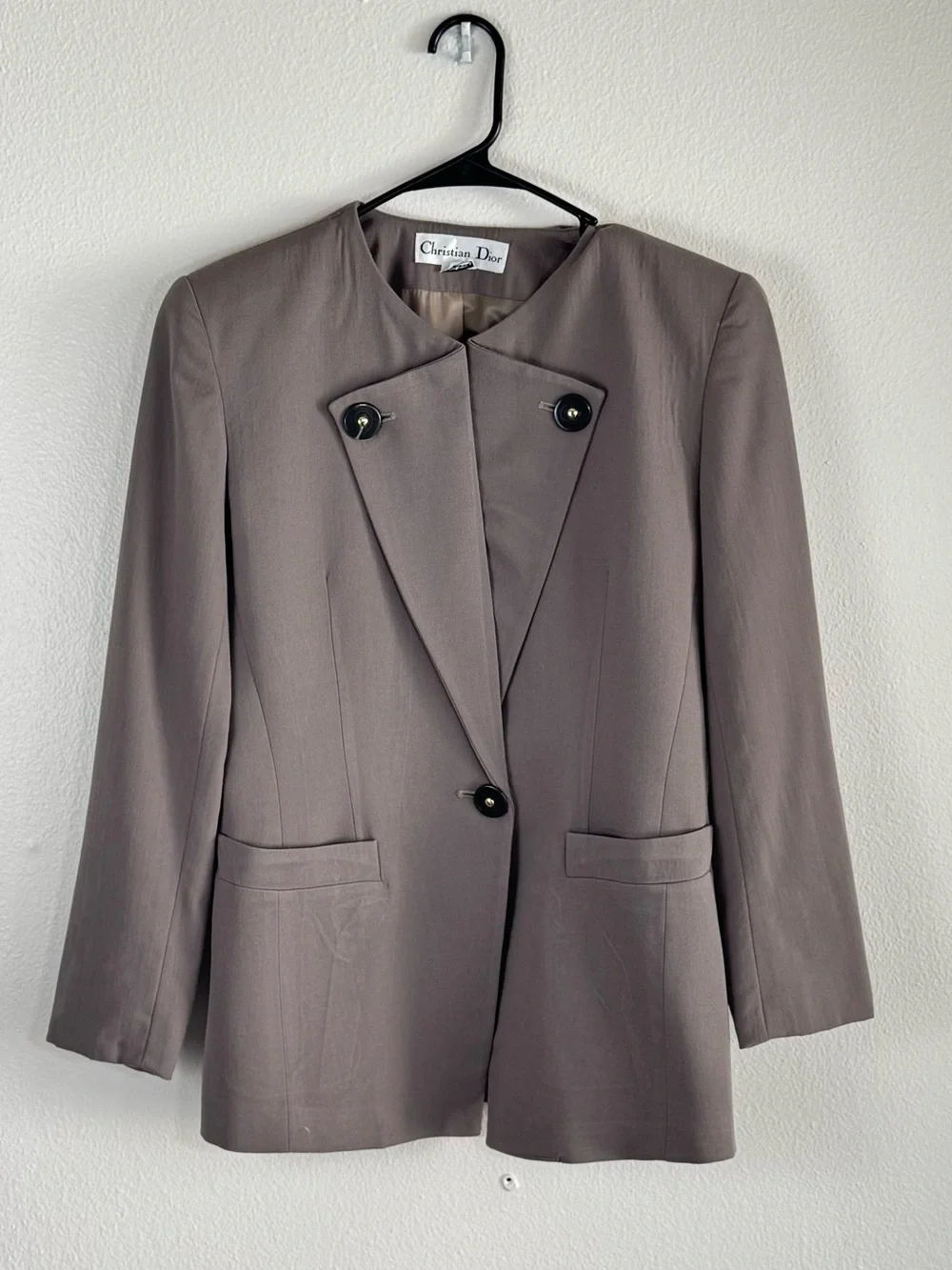 Christian Dior Vintage Wool Blazer Jacket Size 4 Taupe Brown Gold Button Detail